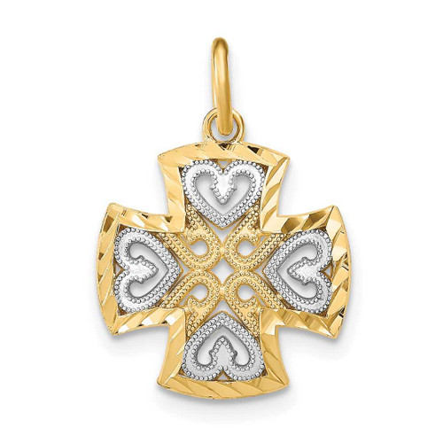 Image of 14K Yellow Gold w/ Rhodium-Plated Hearts & Shiny-Cut Maltese Cross Charm