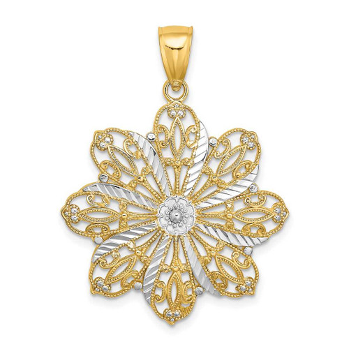 Image of 14K Yellow Gold w/ Rhodium-Plated Shiny-Cut Flower Pendant