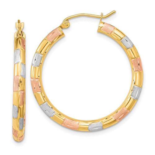 Image of 32.28mm 14K Yellow Gold w/ White & Pink Polished, Satin & Shiny-Cut Hoop Earrings TF1020