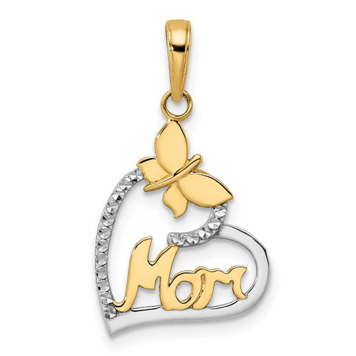 Image of 14K Yellow Gold w/White Rhodium Diamond-cut Butterfly Mom in Heart Pendant