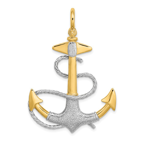 14k Yellow Gold with Rhodium 3-D Anchor w/ White Rope Shackle Bail Charm