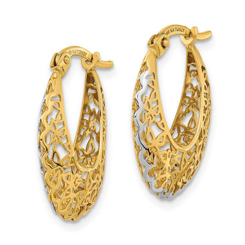 Image of 22.52mm 14K Yellow Gold with Rhodium-Plated Polished Filigree Hoop Earrings