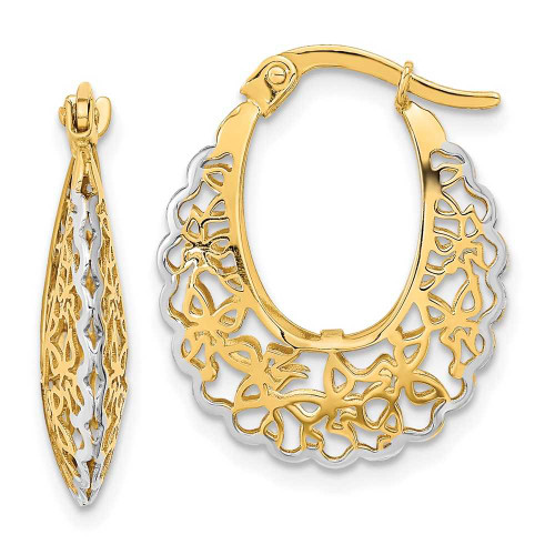 Image of 22.52mm 14K Yellow Gold with Rhodium-Plated Polished Filigree Hoop Earrings