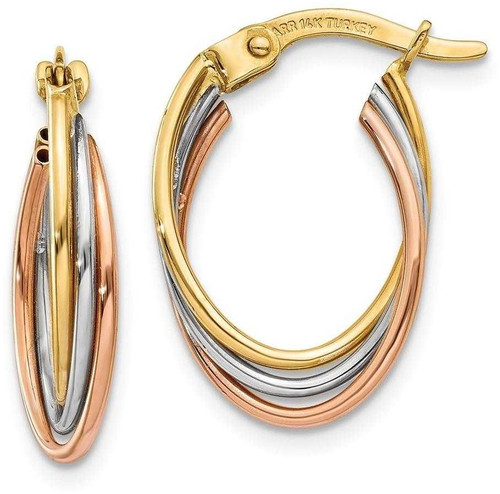 Image of 18mm 14k Yellow, White & Rose Gold Twisted Hoop Earrings TL713