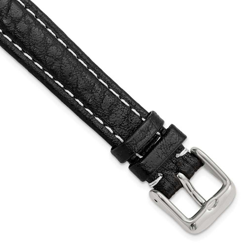 Image of 14mm 6.75" Black Leather White Stitch Silver-tone Buckle Watch Band