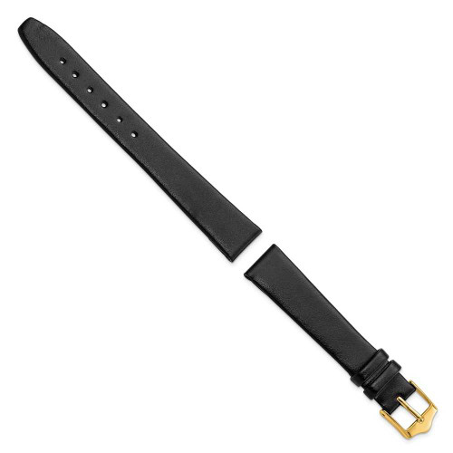 Image of 14mm 6.75" Flat Black Leather Gold-tone Buckle Watch Band