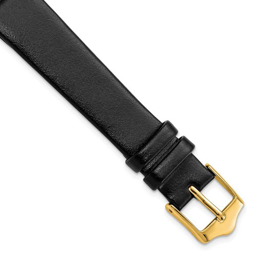 Image of 14mm 6.75" Flat Black Leather Gold-tone Buckle Watch Band