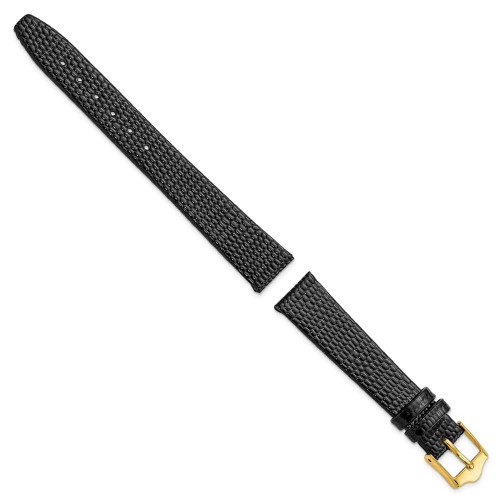 Image of 14mm 6.75" Flat Black Lizard Style Grain Leather Gold-tone Buckle Watch Band