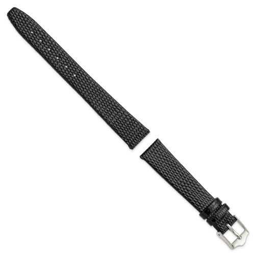 Image of 14mm 6.75" Flat Black Lizard Style Grain Leather Silver-tone Buckle Watch Band