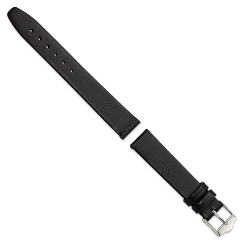 15mm 7.5" Flat Black Leather Silver-tone Buckle Watch Band