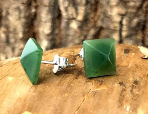 Image of 15mm Sterling Silver & Genuine Natural Nephrite Jade Pyramid Stud Earrings