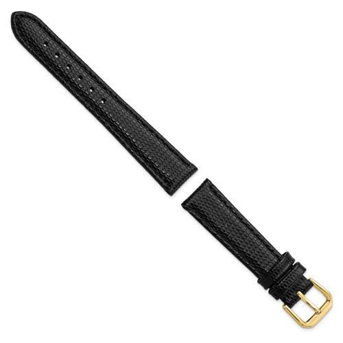 Image of 16mm 6.75" Short Black Lizard Style Grain Leather Gold-tone Buckle Watch Band