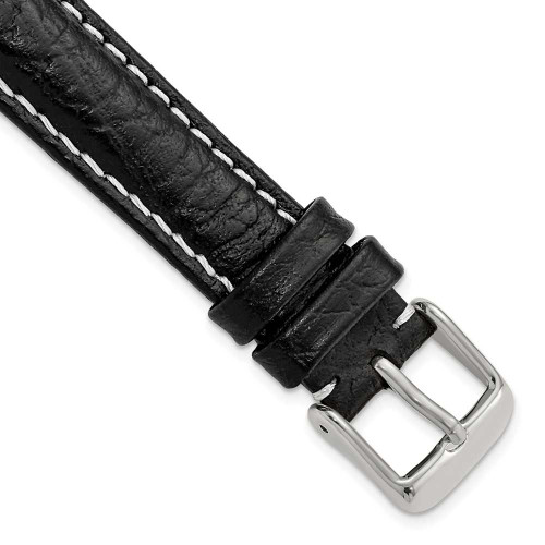 Image of 16mm 7.5" Black Leather White Stitch Silver-tone Buckle Watch Band