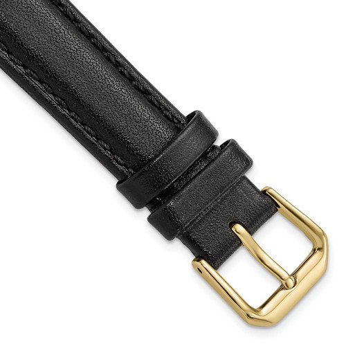 Image of 16mm 7.5" Black Smooth Leather Gold-tone Buckle Watch Band