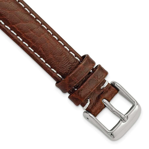 Image of 16mm 8.5" Long Brown Leather White Stitch Silver-tone Buckle Watch Band