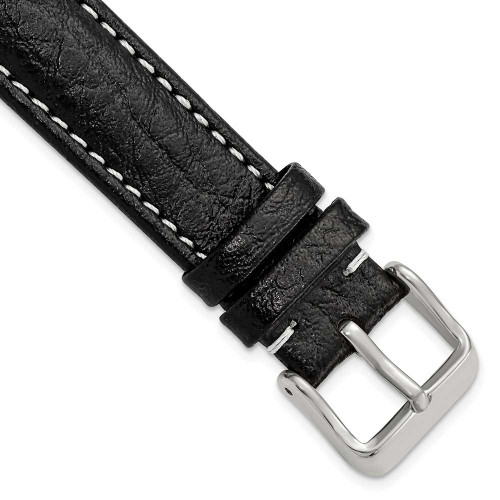 Image of 17mm 7.5" Black Leather White Stitch Silver-tone Buckle Watch Band