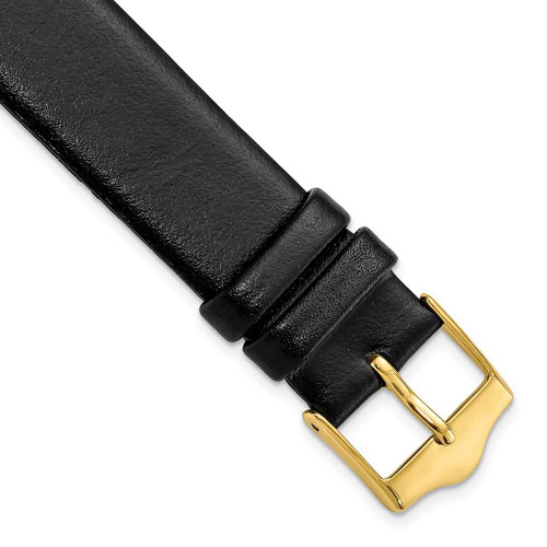 Image of 17mm 7.5" Flat Black Leather Gold-tone Buckle Watch Band