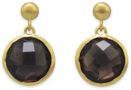 Image of 18mm 18 Karat Gold Plated Smoky Quartz Drop Earrings 925 Sterling Silver - CLEARANCE