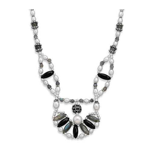 Image of 18" + 2" Multistone and Cultured Freshwater Pearl Necklace 925 Sterling Silver - LIMITED STOCK