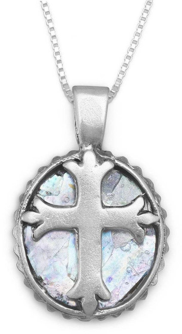 Image of 18" Round Ancient Roman Glass Cross Necklace 925 Sterling Silver