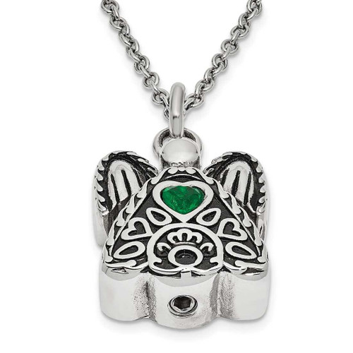 Image of 18" Stainless Steel May CZ Antiqued Urn Ash Holder Heart Simulated Birthstone Necklace