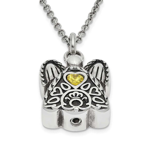 Image of 18" Stainless Steel November CZ Antiqued Urn Ash Holder Heart Simulated Birthstone Necklace