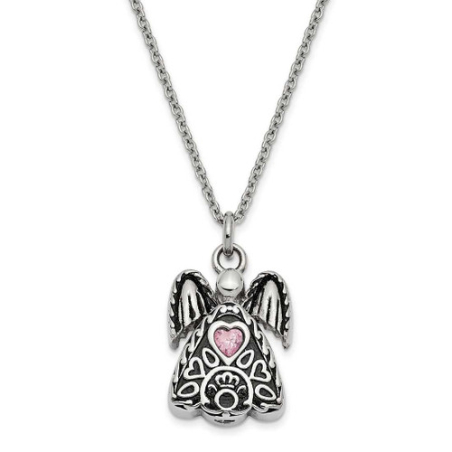 Image of 18" Stainless Steel October CZ Antiqued Urn Ash Holder Heart Simulated Birthstone Necklace