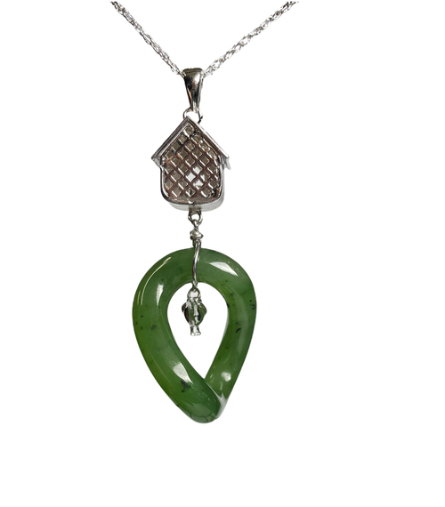 Natural Untreated 18 inch Sterling Silver & Nephrite Jade Birdhouse Pendant Necklace