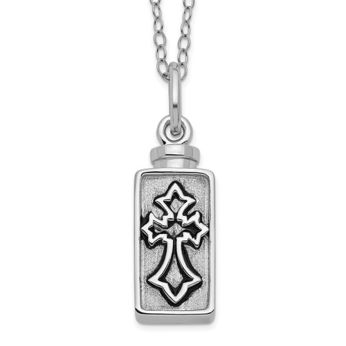 18" Sterling Silver Antiqued Rectangle Box Cross Urn Ash Holder Necklace