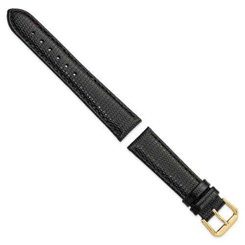 Image of 18mm 6.75" Short Black Lizard Style Grain Leather Gold-tone Buckle Watch Band