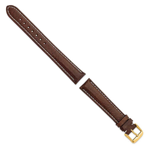 Image of 18mm 8.5" Long Brown Leather White Stitch Gold-tone Buckle Watch Band
