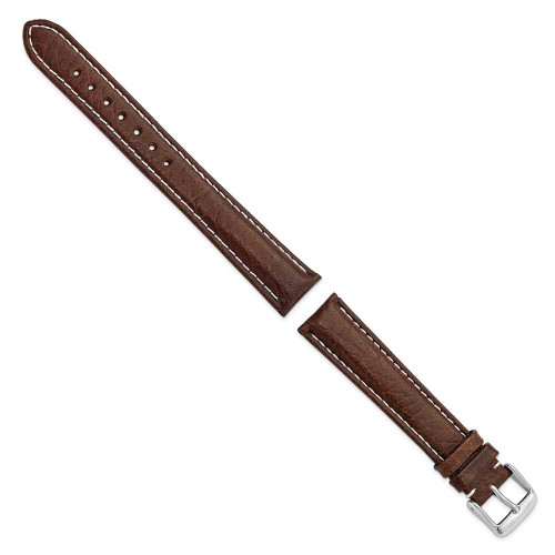 Image of 18mm 8.5" Long Brown Leather White Stitch Silver-tone Buckle Watch Band