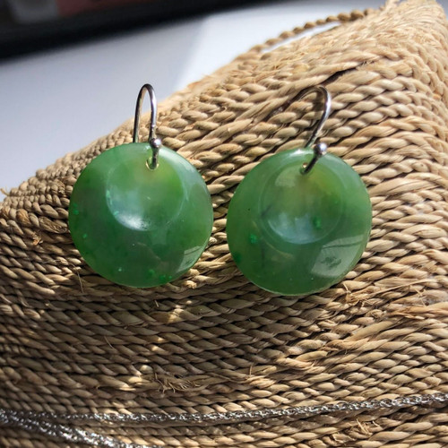 18mm Natural Untreated Nephrite Green Jade Disc Earrings on Sterling Silver Hooks