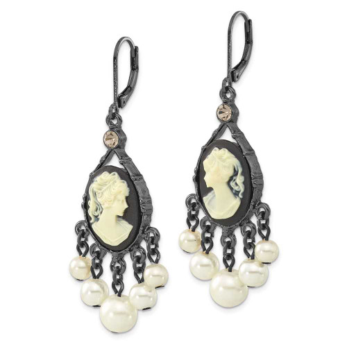 Image of 64mm 1928 Jewelry - Black-plated Cameo/Simulated Pearl Leverback Earrings