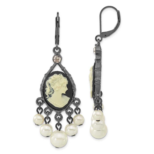 Image of 64mm 1928 Jewelry - Black-plated Cameo/Simulated Pearl Leverback Earrings