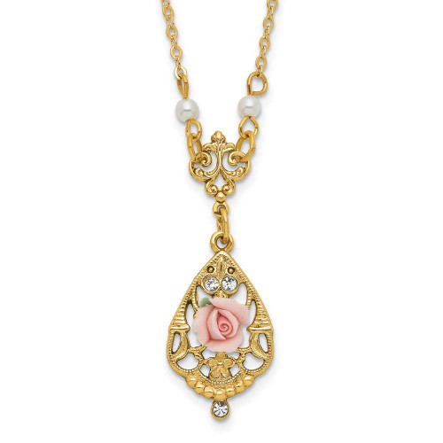 Image of 1928 Jewelry - Gold-tone Crystal/Porcelain Rose/Simulated Pearl 17in Necklace