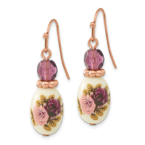 Image of 38mm 1928 Jewelry - Rose-tone Dark Purple Crystal & Floral Decal Dangle Earrings