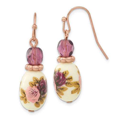 Image of 38mm 1928 Jewelry - Rose-tone Dark Purple Crystal & Floral Decal Dangle Earrings