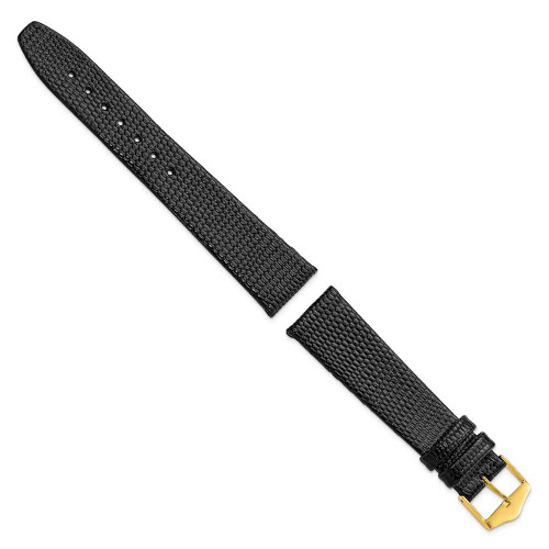 Image of 19mm 7.5" Flat Black Lizard Style Grain Leather Gold-tone Buckle Watch Band