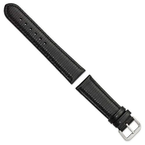 Image of 20mm 6.75" Short Black Lizard Style Grain Leather Silver-tone Buckle Watch Band