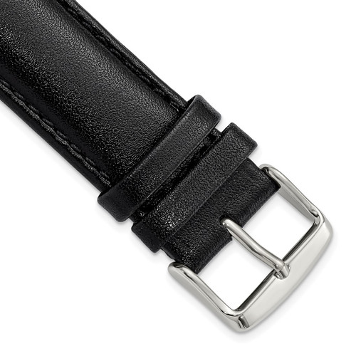 22mm 8.5 inch Long Black Leather Chrono Silver-tone Buckle Watch Band