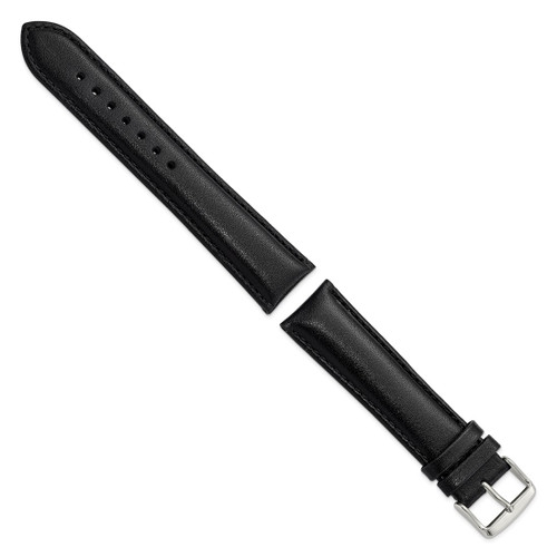 22mm 8.5 inch Long Black Leather Chrono Silver-tone Buckle Watch Band