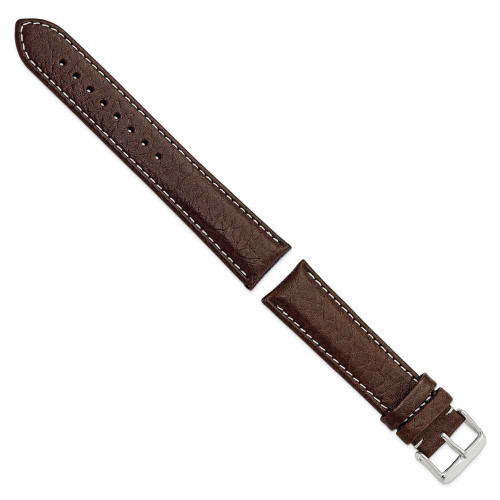 Image of 22mm 8.5" Long Brown Leather White Stitch Silver-tone Buckle Watch Band