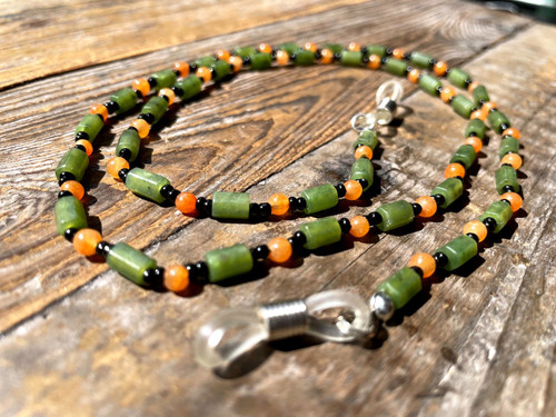 24 inch Natural Untreated Canadian Nephrite Jade & Carnelian Bead Eyeglass Holder
