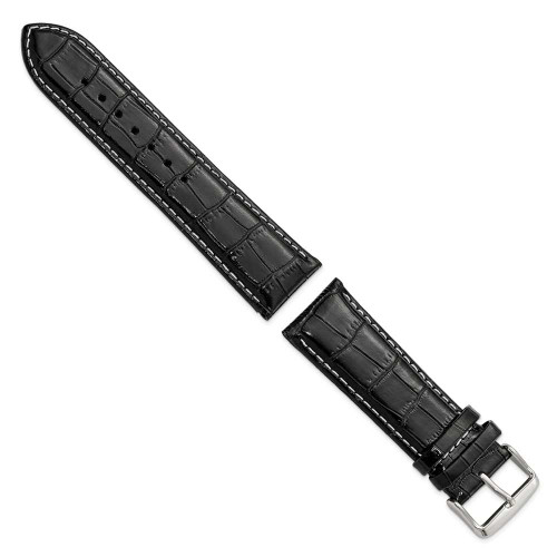 Image of 24mm 7.5" Black Croc Style Leather White Stitch Silver-tone Buckle Watch Band