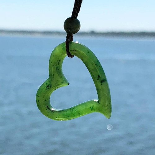 30mm Natural Untreated Nephrite Jade Cutout Heart Pendant on Adjustable Cord