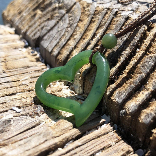 30mm Natural Untreated Nephrite Jade Cutout Heart Pendant on Adjustable Cord