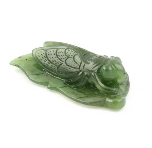 Image of 55mm A+ Canadian Nephrite Jade Cicada on Leaf Pendant - Handcarved One of a Kind