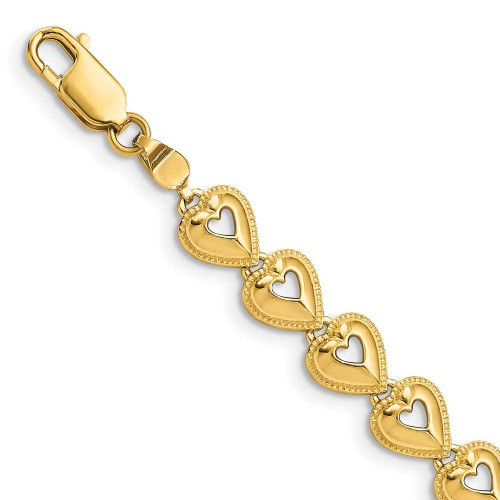 Image of 7" 14K Yellow Gold Polished Beaded Hearts Bracelet