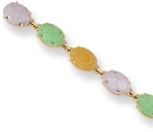 Image of 7" Natural Alternating Carved Green, Lavender & Yellow Jadeite Jade Oval Cabochons Bracelet